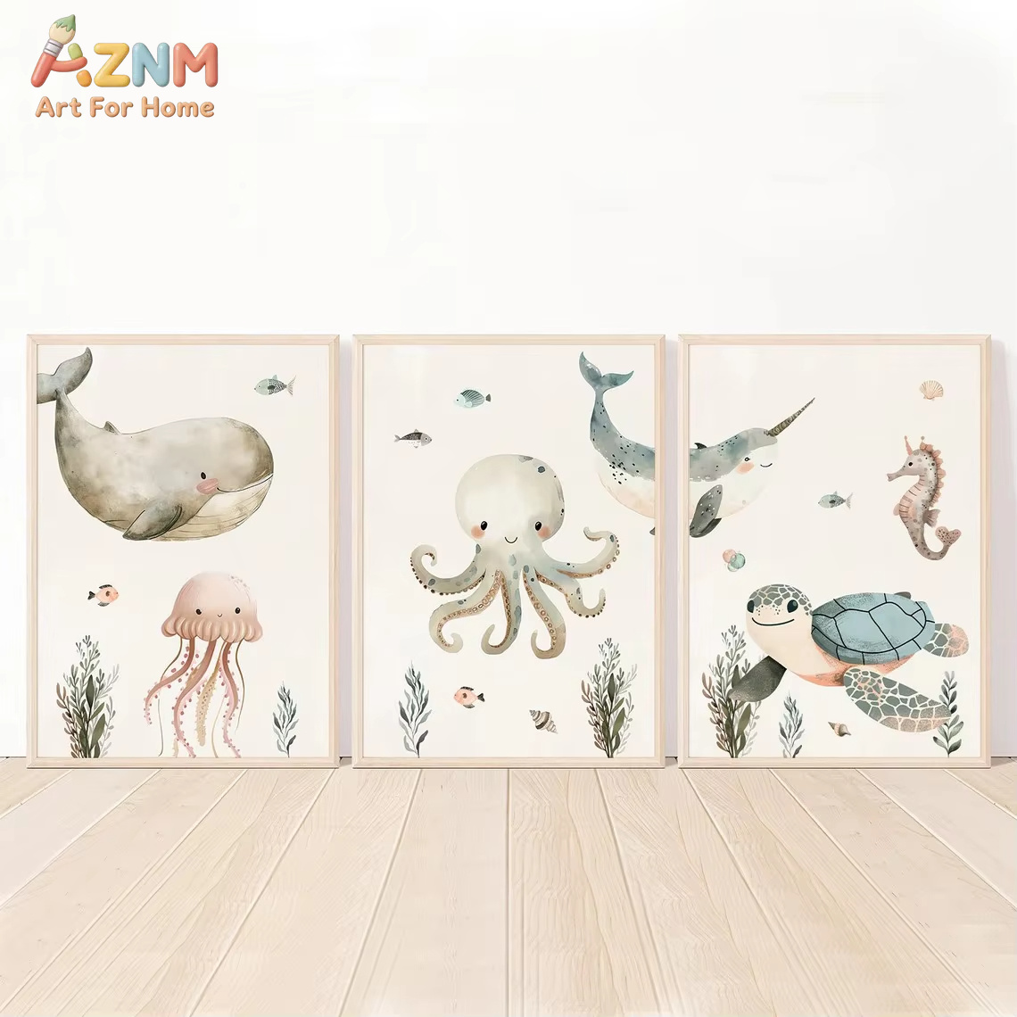 Baby Nursery Art - AZNM Lukisan Kanvas Hewan Laut Lucu