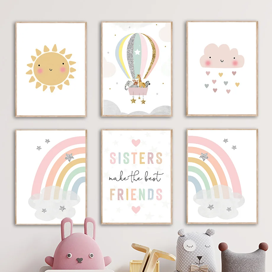 Baby Nursery Art - Jerapah Gajah Balon Udara Matahari Pelangi