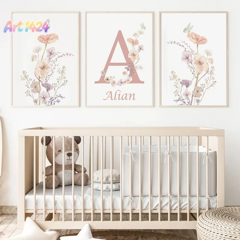 Baby Nursery Art - Lukisan Kanvas Bunga Mawar Pink dengan